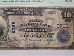 $10 1902 Rialto California CA National Currency Bank Note Bill #8768 VG10 PMG