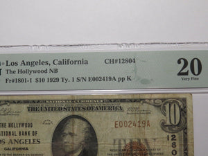$10 1929 Los Angeles California National Currency Bank Note Bill 12804 Hollywood