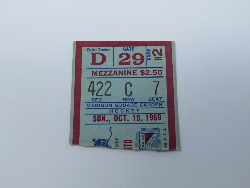 October 19, 1969 New York Rangers Vs. Maple Leafs Hockey Ticket Stub Giacomin SO