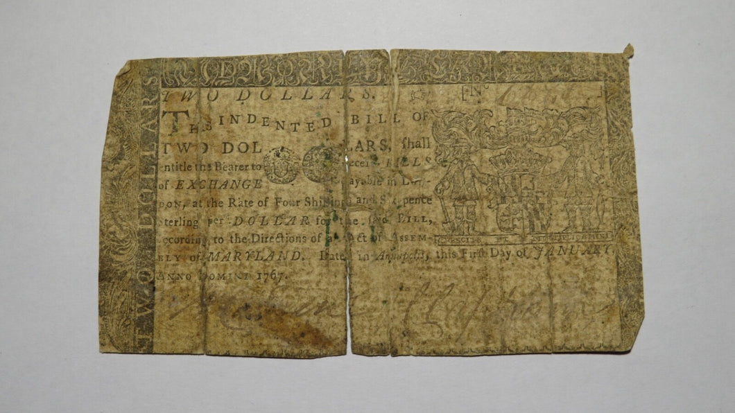 1767 $2 Maryland MD Colonial Currency Bank Note Bill! RARE ISSUE! Two Dollars
