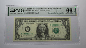 $1 2003 Repeater Serial Number Federal Reserve Currency Bank Note Bill PMG UNC66