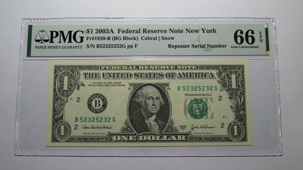 $1 2003 Repeater Serial Number Federal Reserve Currency Bank Note Bill PMG UNC66