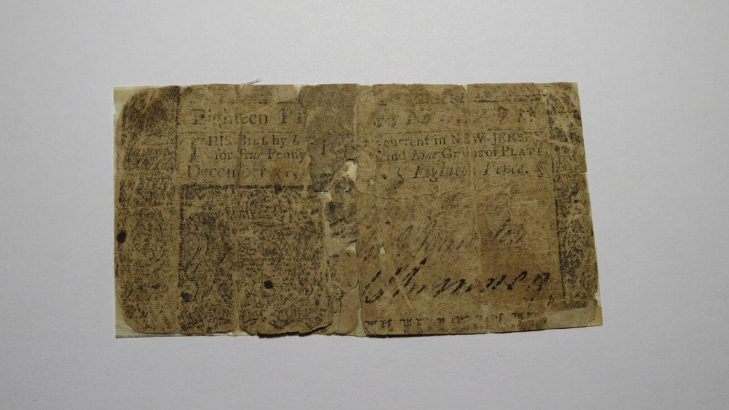 1763 Eighteen Pence New Jersey NJ Colonial Currency Note Bill! RARE ISSUE 18d