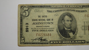 $5 1929 Johnstown Pennsylvania National Currency Bank Note Bill #5913 Forbidden