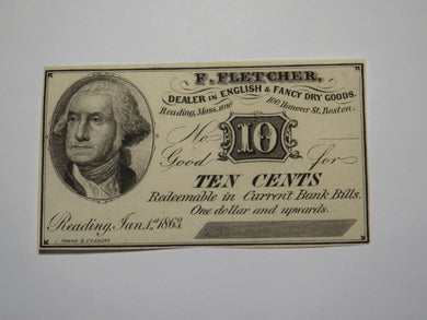 $.10 1863 Reading Boston Massachusetts Obsolete Currency Bank Note Bill Fletcher