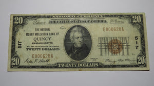 $20 1929 Quincy Massachusetts MA National Currency Bank Note Bill Ch. #517 RARE