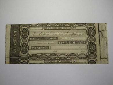 $5 18__ Windsor Vermont Obsolete Currency Bank Note Bill Remainder UNC+ Miscut