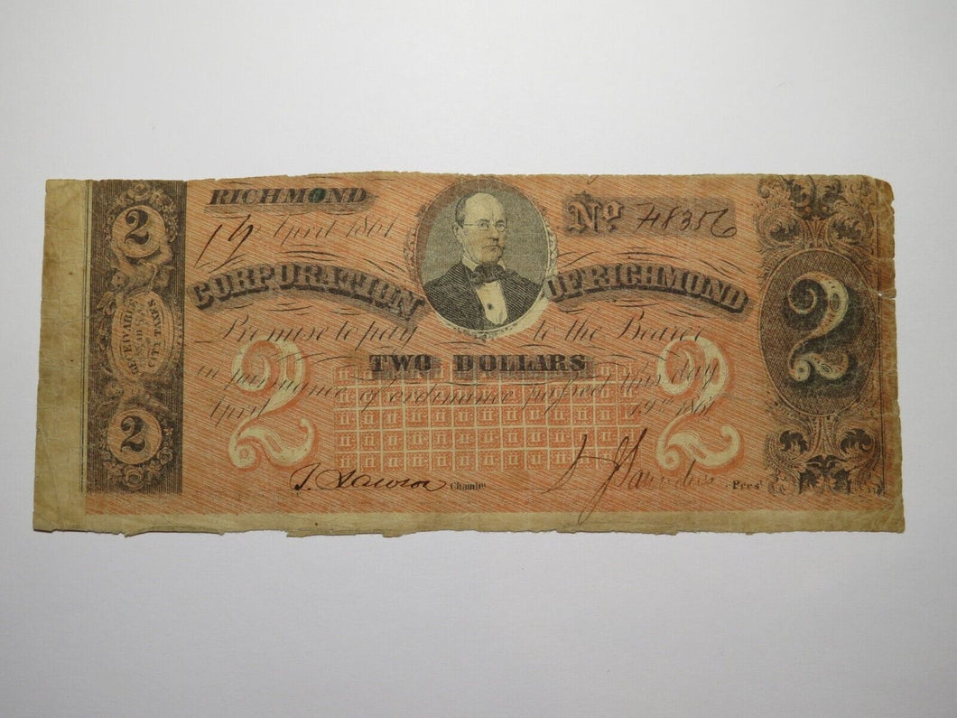 $2 1861 Richmond Virginia VA Obsolete Currency Bank Note Bill Corporation of VA