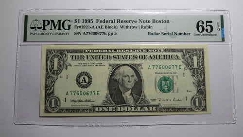 $1 1995 Radar Serial Number Federal Reserve Currency Bank Note Bill PMG UNC65EPQ