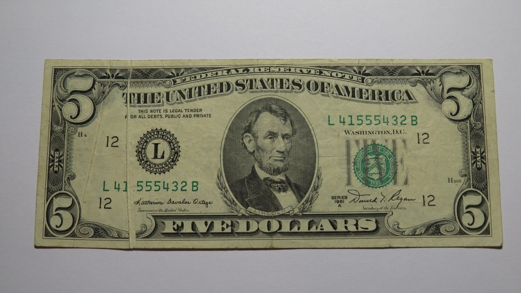 $5 1981-A Gutter Fold Error Federal Reserve Bank Note Currency Bill Very Fine