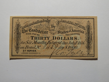 Load image into Gallery viewer, $30 1864 Confederate Bond Coupon Certificate Currency Bank Note Bill UNC+