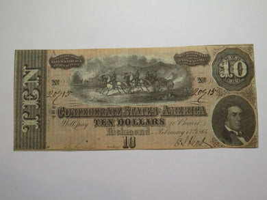 $10 1864 Richmond Virginia VA Confederate Currency Bank Note Bill RARE T68 VF