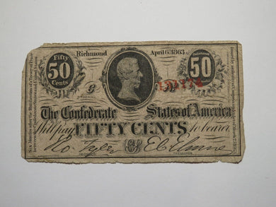 $.50 1863 Richmond Virginia VA Confederate Currency Bank Note Bill RARE T63
