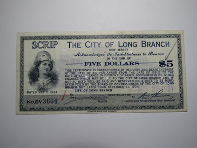 $5 1934 Long Branch New Jersey NJ Obsolete Currency Bank Note Scrip City of LB!