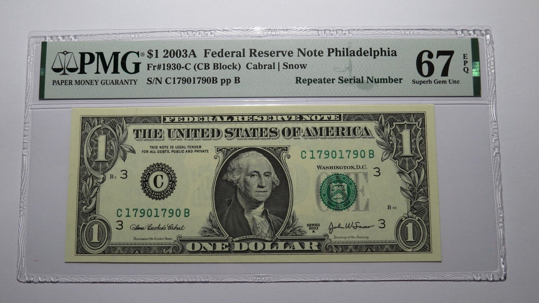 $1 2003 Repeater Serial Number Federal Reserve Currency Bank Note Bill PMG UNC67