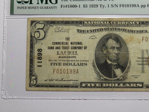 $5 1929 Laurel Mississippi National Currency Bank Note Bill Ch. #11898 VF25 PMG