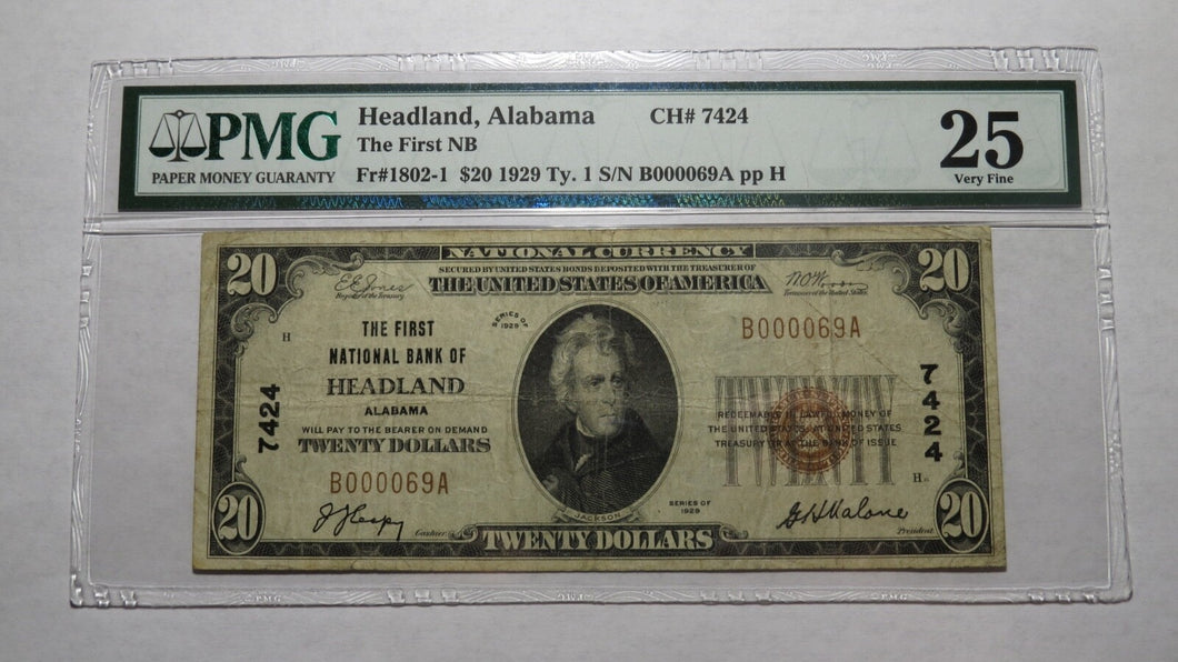 $20 1929 Headland Alabama AL National Currency Bank Note Bill Ch. #7424 VF25 PMG