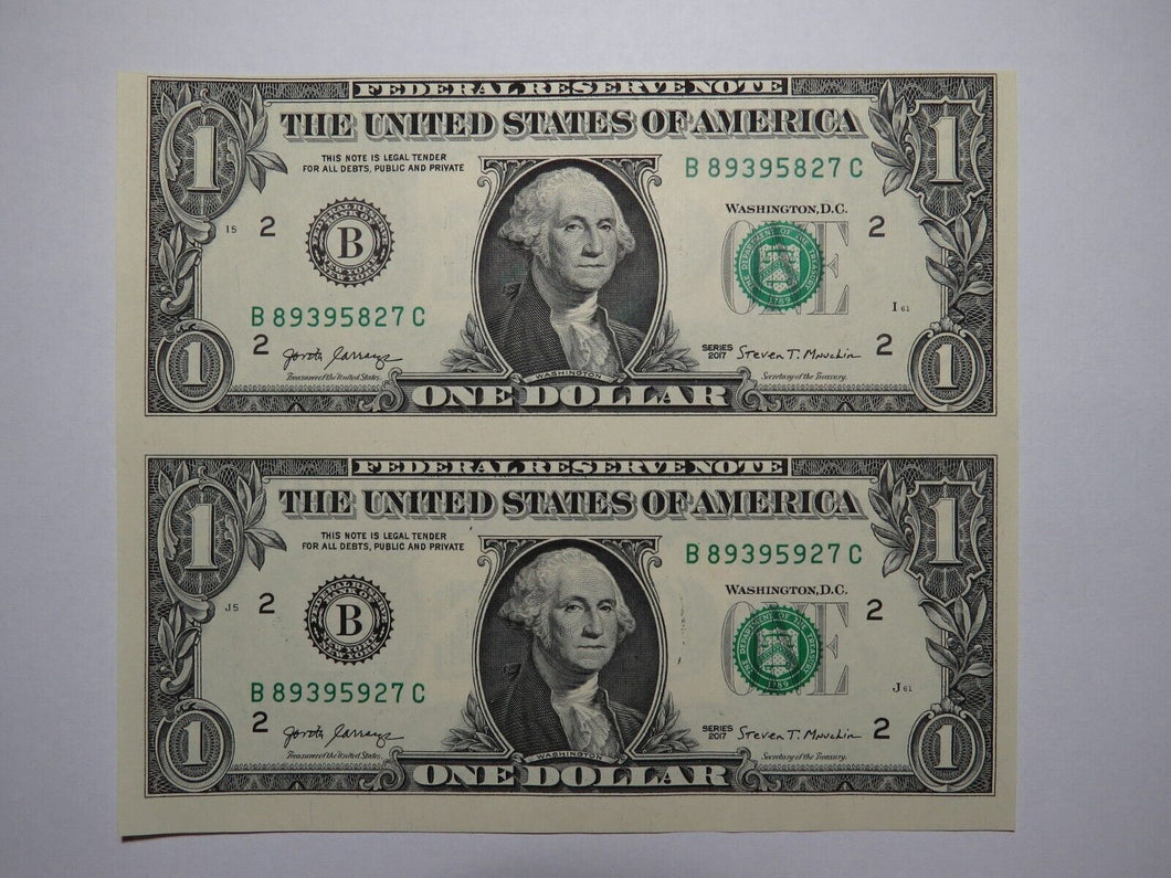 $1 2017 Uncut New York BEP Uncirculated Currency Sheet 2 Federal Reserve Notes