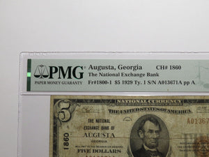 $5 1929 Augusta Georgia GA National Currency Bank Note Bill Ch. #1860 F15 PMG