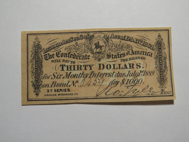 $30 1864 Confederate Bond Coupon Certificate Currency Bank Note Bill AU