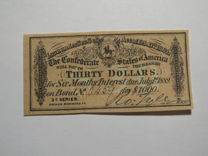 $30 1864 Confederate Bond Coupon Certificate Currency Bank Note Bill AU