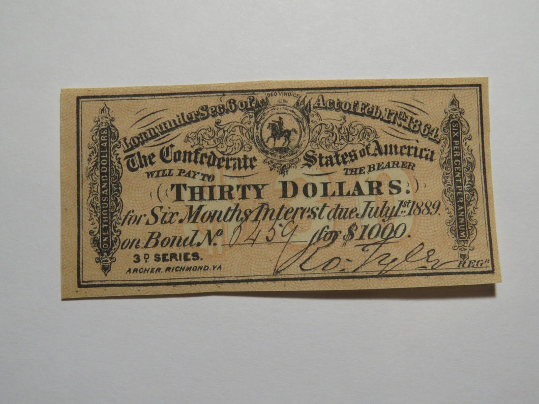 $30 1864 Confederate Bond Coupon Certificate Currency Bank Note Bill AU