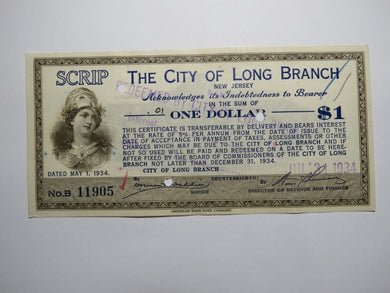 $1 1934 Long Branch New Jersey NJ Obsolete Currency Bank Note Scrip City of LB