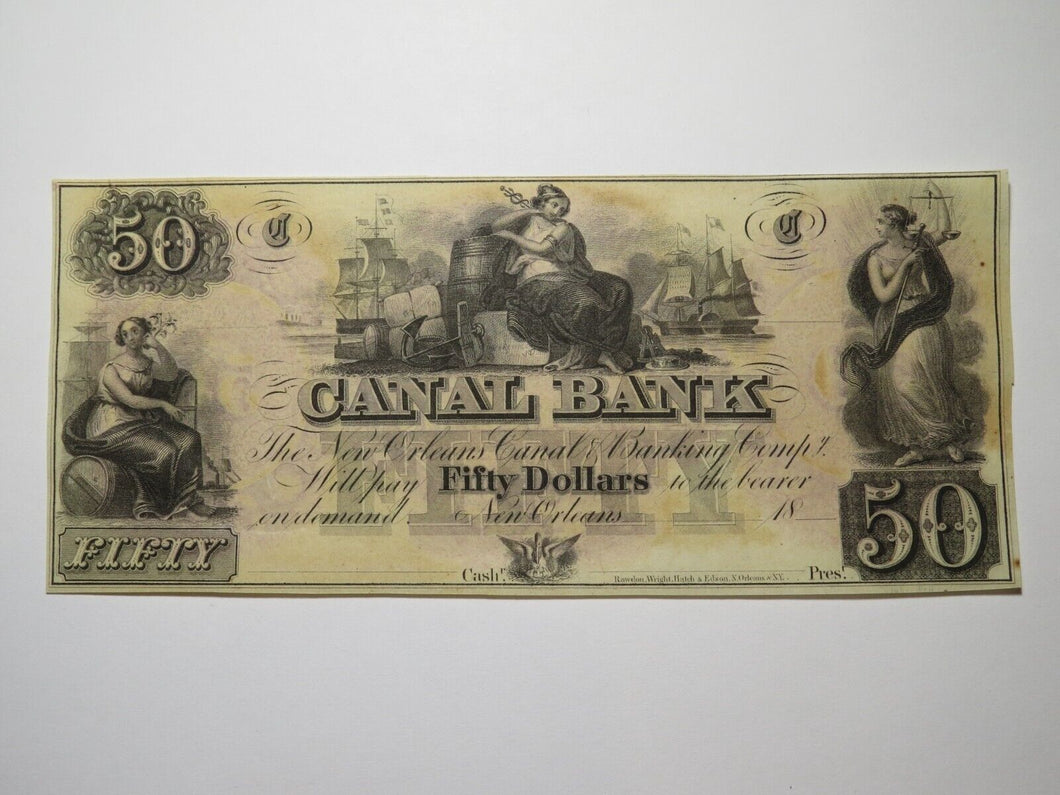$50 18__ New Orleans Louisiana Obsolete Currency Bank Note Remainder Canal UNC++