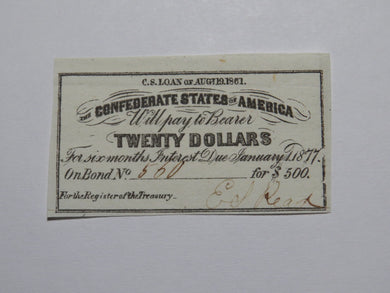 $20 1861 Confederate Bond Coupon Certificate Currency Bank Note Bill UNC