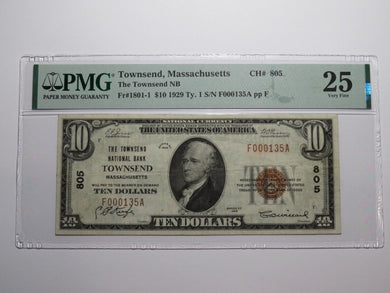 $10 1929 Townsend Massachusetts National Currency Bank Note Bill Ch. #805 VF25