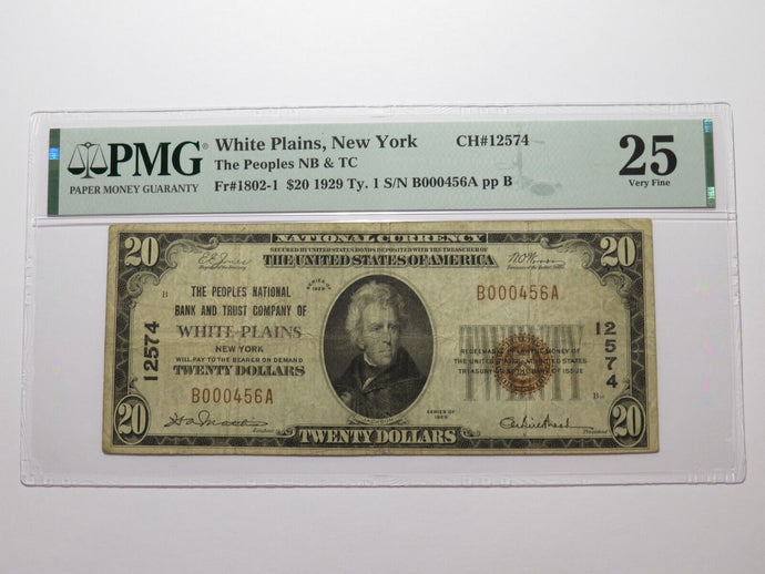 $20 1929 White Plains New York NY National Currency Bank Note Bill #12574 VF25