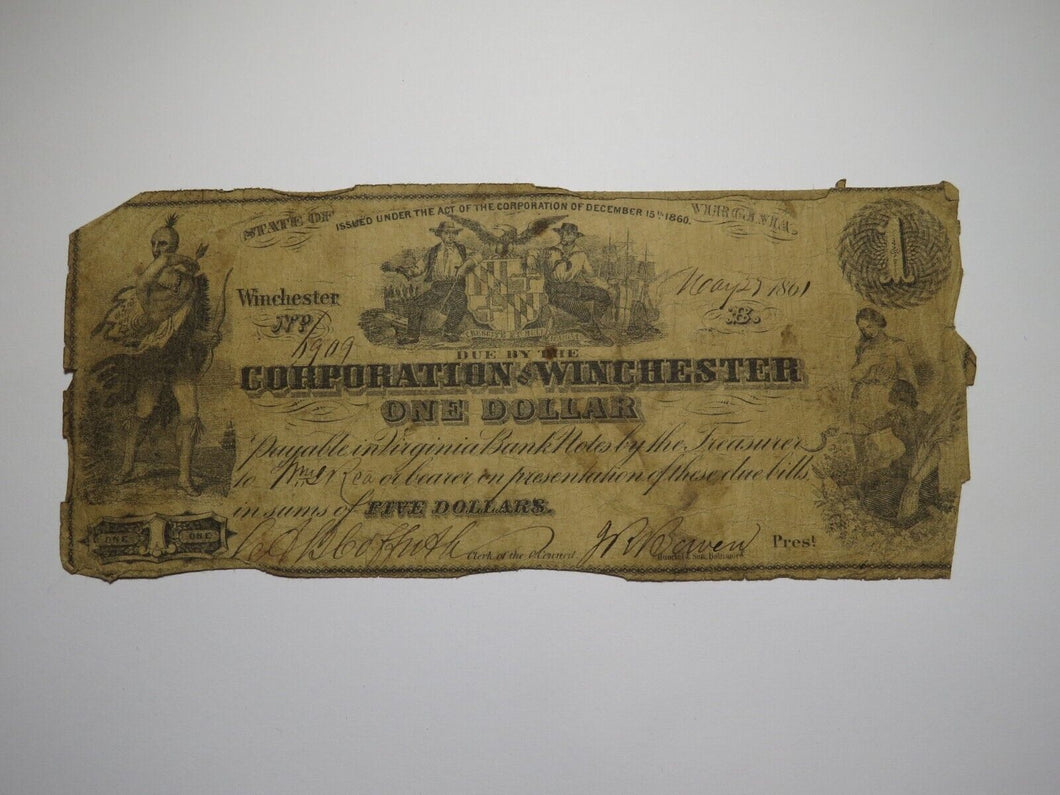 $1 1861 Winchester Virginia Obsolete Currency Bank Note Bill Corp. of Winchester
