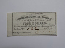 Load image into Gallery viewer, $4 1861 Confederate Bond Coupon Certificate Currency Bank Note Bill UNC