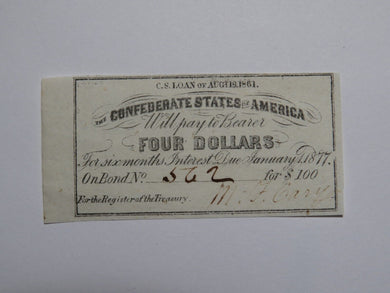 $4 1861 Confederate Bond Coupon Certificate Currency Bank Note Bill UNC