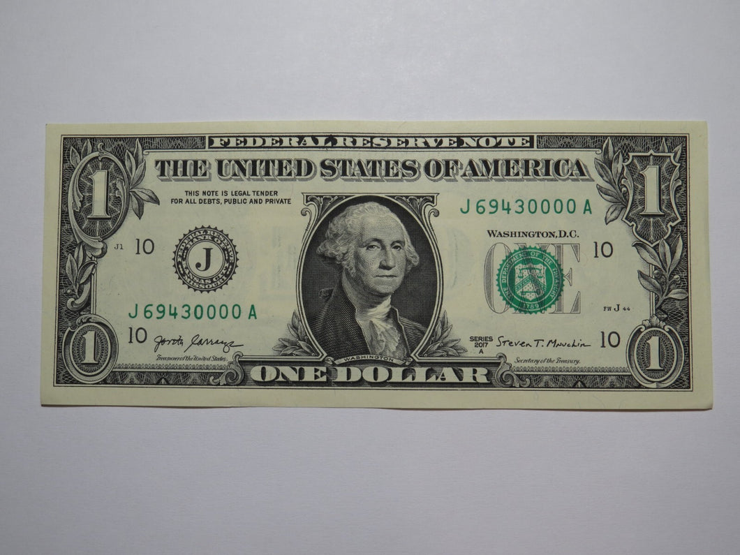 $1 2017 Fancy Serial Number Federal Reserve Bank Note Bill Kansas City #69430000