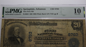 $20 1902 Springdale Arkansas AR National Currency Bank Note Bill Ch. #8763 VG10