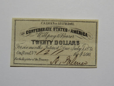 $20 1861 Confederate Bond Coupon Certificate Currency Bank Note Bill UNC
