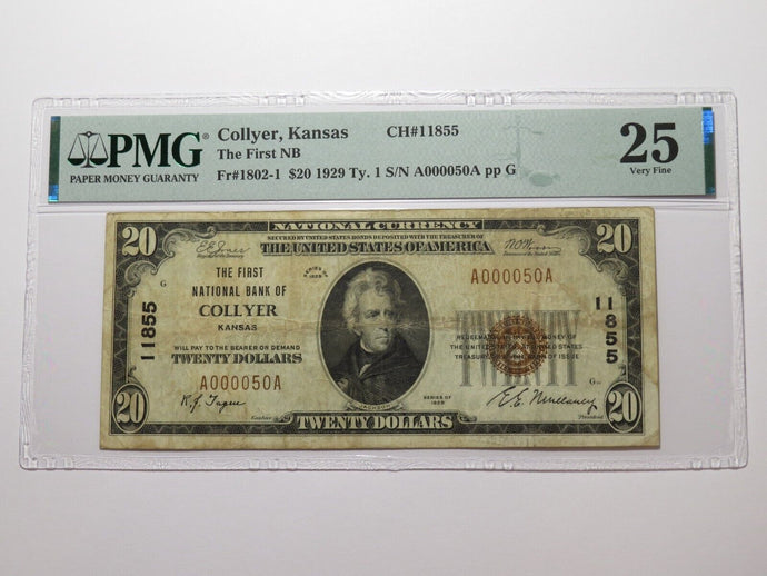 $20 1929 Collyer Kansas KS National Currency Bank Note Bill Ch. #11855 VF25 PMG