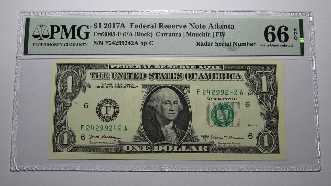 $1 2017 Radar Serial Number Federal Reserve Currency Bank Note Bill PMG UNC66EPQ