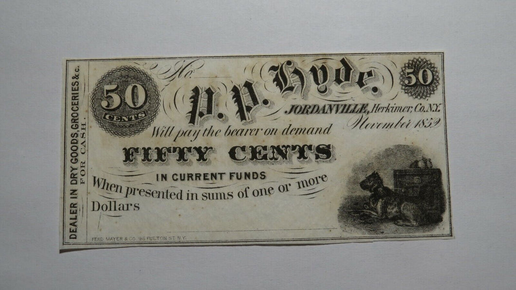 $.50 1852 Jordanville New York NY Obsolete Currency Bank Note Bill Herkimer CU++
