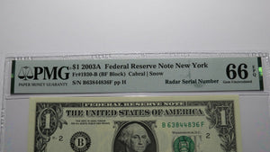$1 2003 Radar Serial Number Federal Reserve Currency Bank Note Bill PMG UNC66EPQ