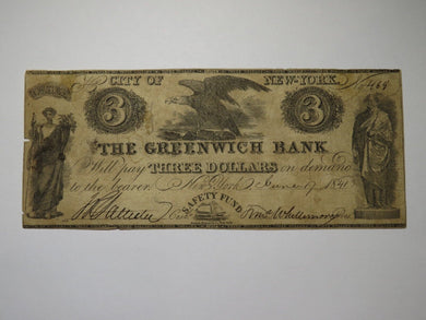 $3 1841 New York NYC Obsolete Currency Bank Note Bill The Greenwich Bank