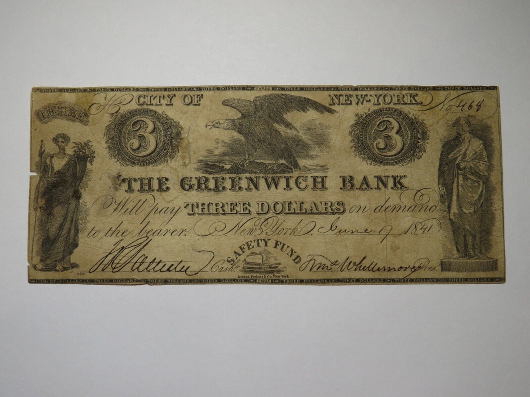 $3 1841 New York NYC Obsolete Currency Bank Note Bill The Greenwich Bank