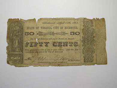 $.50 1862 Richmond Virginia Obsolete Currency Bank Note Bill State of VA! RARE