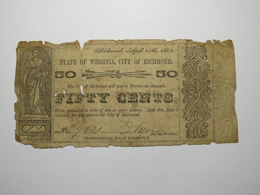 $.50 1862 Richmond Virginia Obsolete Currency Bank Note Bill State of VA! RARE