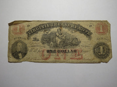 $1 1862 Richmond Virginia VA Obsolete Currency Treasury Bank Note Bill
