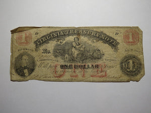 $1 1862 Richmond Virginia VA Obsolete Currency Treasury Bank Note Bill