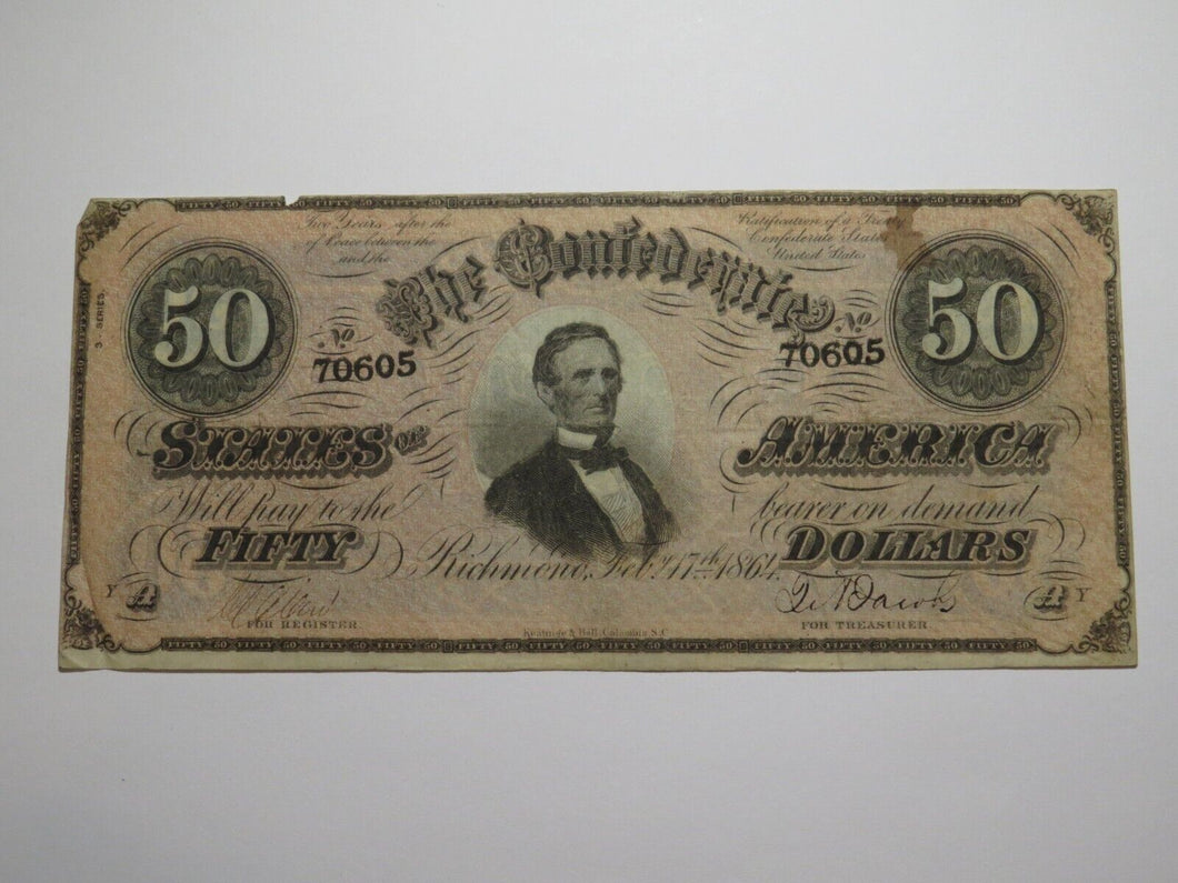 $50 1864 Richmond Virginia VA Confederate Currency Bank Note Bill RARE T65 VF