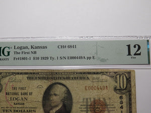 $10 1929 Logan Kansas KS National Currency Bank Note Bill Charter #6841 F12 PMG