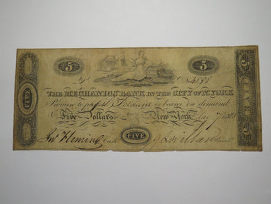 $5 1828 New York City New York Obsolete Currency Bank Note Bill Mechanics Bank